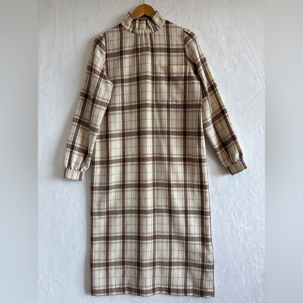 Sezane womens cream brown mock neck wool blend Plaid Long Sleeve Dress size‎ 34